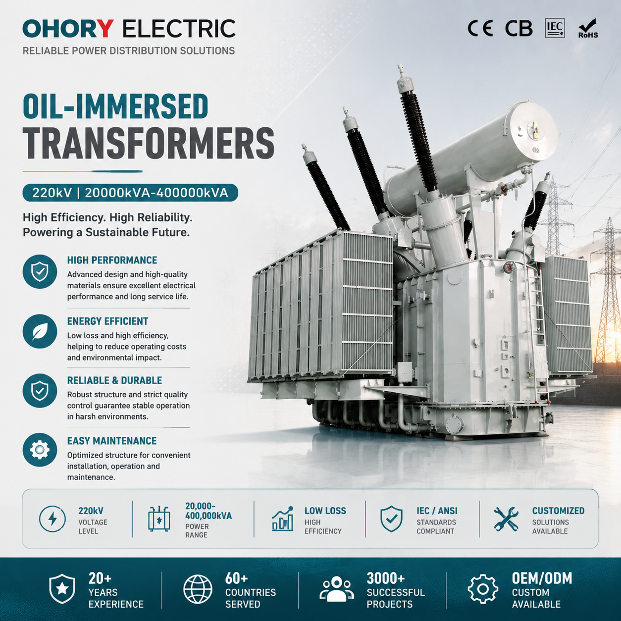 220kV Oil-Immersed Power Transformer 20000kVA-400000kVA